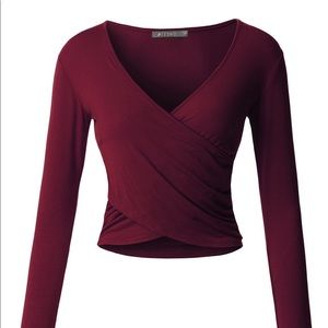 Fitted Wrap V Neck Long Sleeve Crop Top